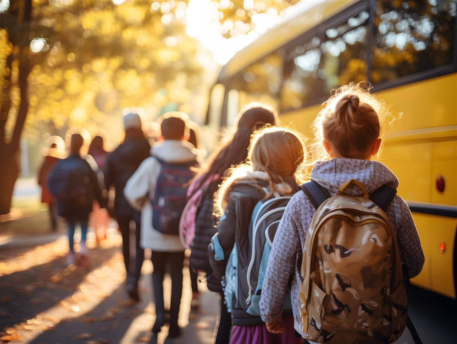 students in line to catch the bus